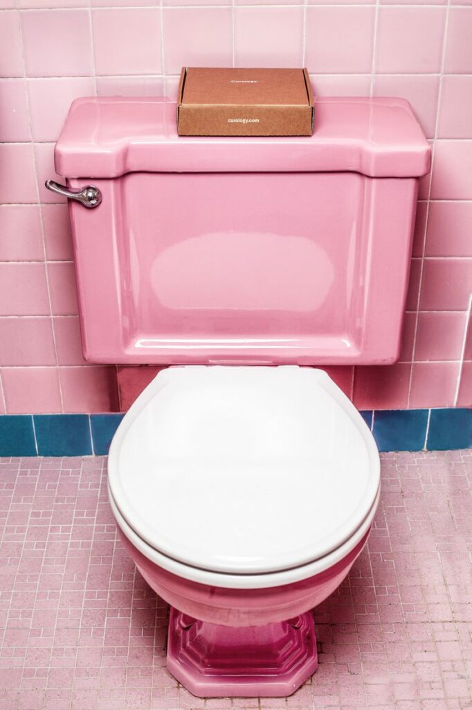 toilettes vintage rose avec ceramique et carrelage rose