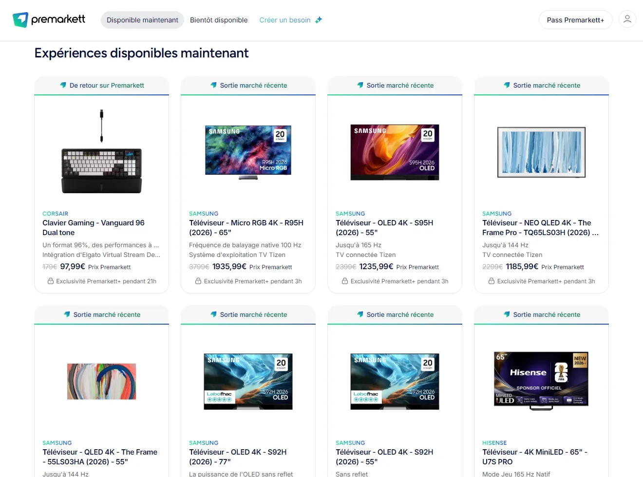 Capture d'écran Premarkett : téléviseurs Samsung disponibles au test avec forte remise